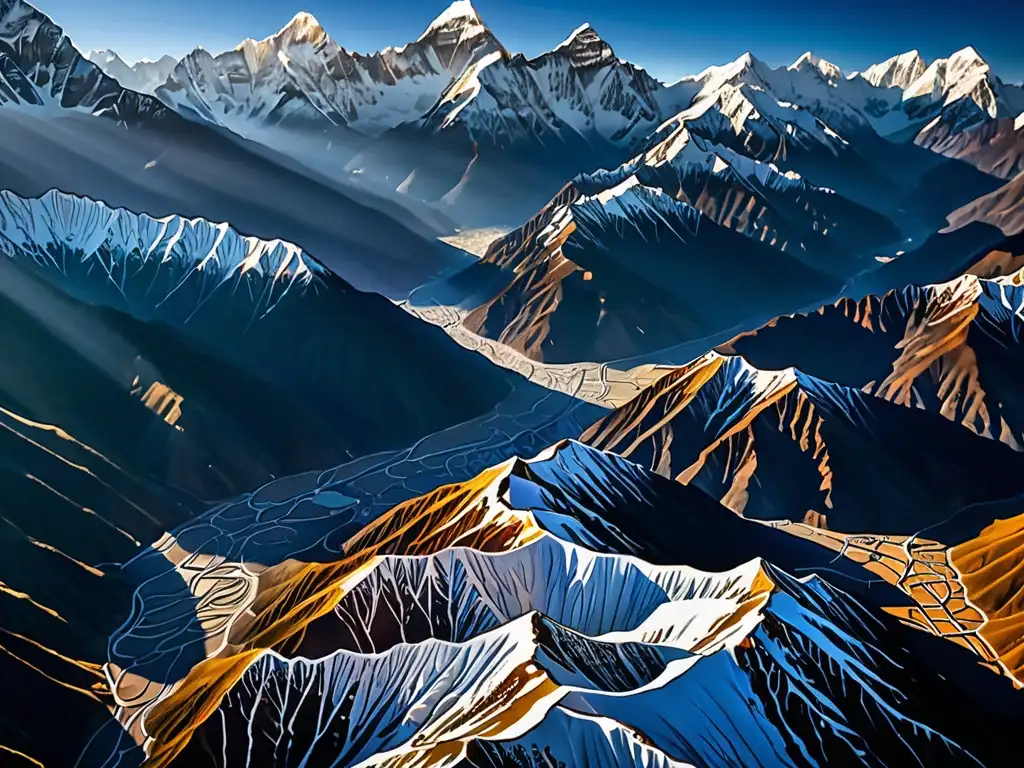 Esplendor dorado en los picos nevados del Himalaya Explorando leyendas del Himalaya: Majestuosas montañas nevadas bañadas por la cálida luz del amanecer, creando un paisaje de ensueño y aventura