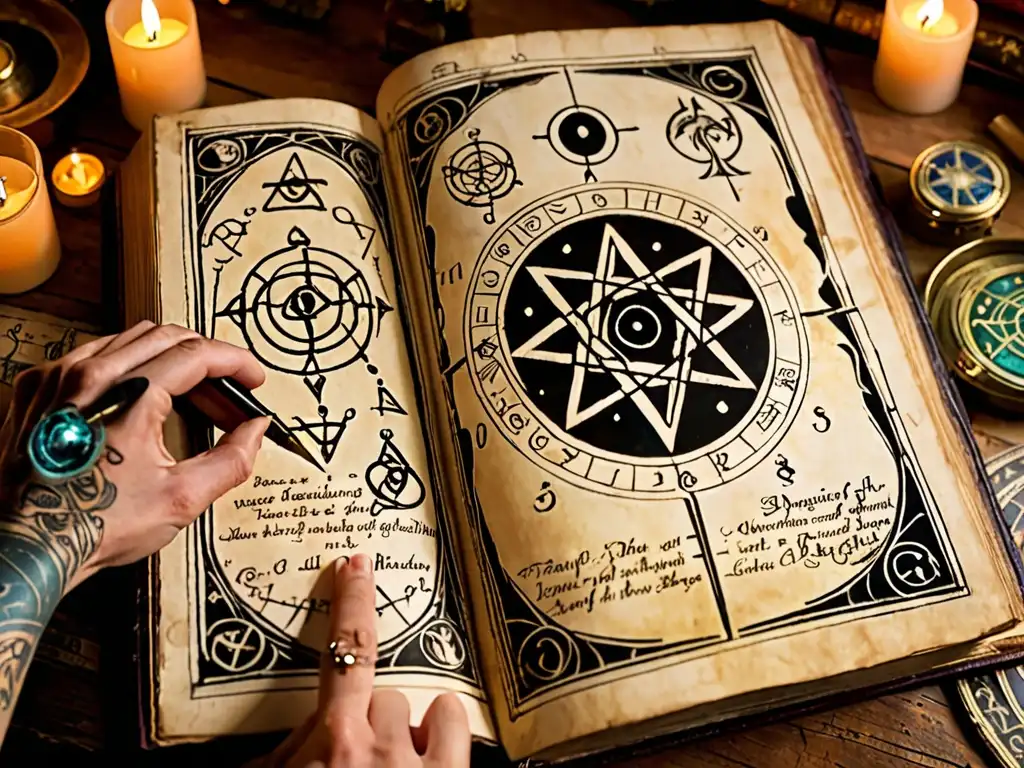 Un libro de alquimia envejecido abierto en una mesa de madera, revelando notas y diagramas junto a antiguos símbolos astrológicos