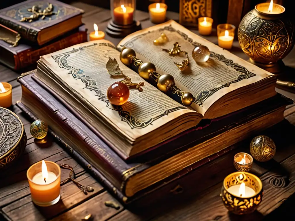 Libro medieval abierto en mesa de madera con detalles dorados y criaturas míticas, iluminado por velas