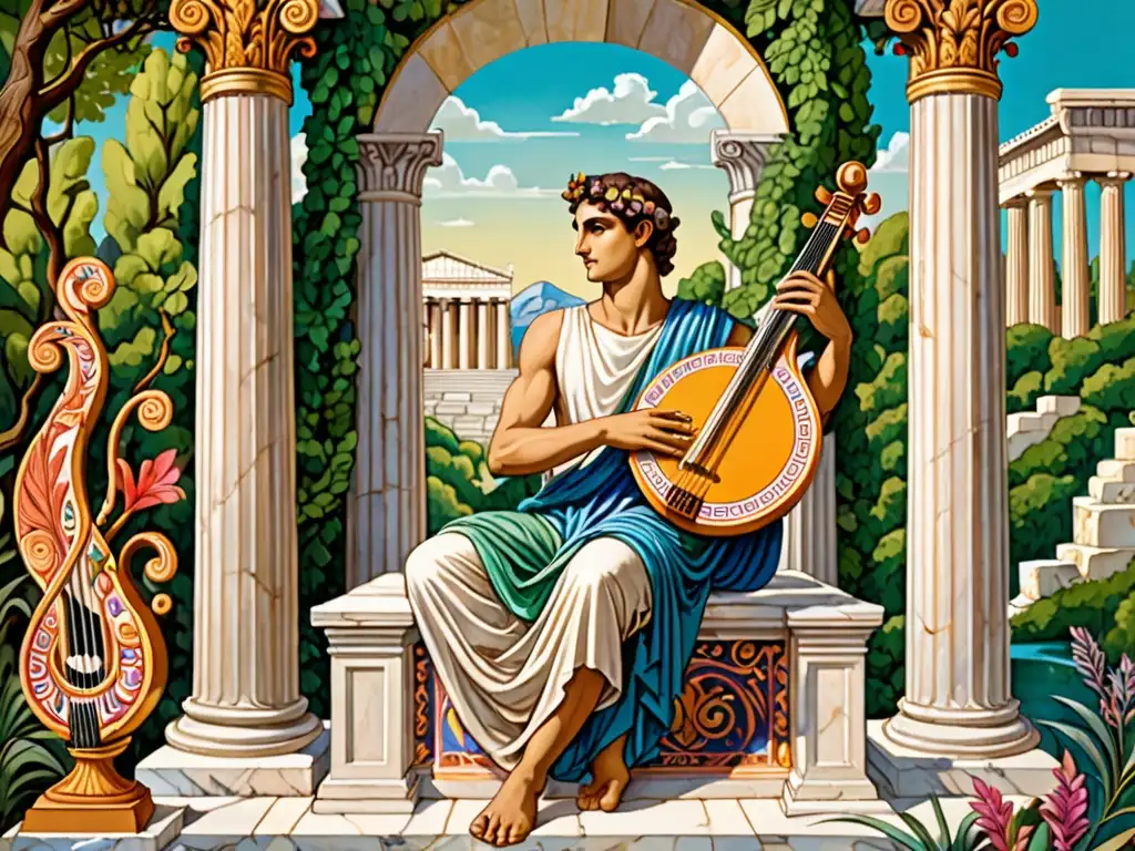 Orfeo toca su lira en la antigua Grecia, envuelto en un paisaje sereno y mágico