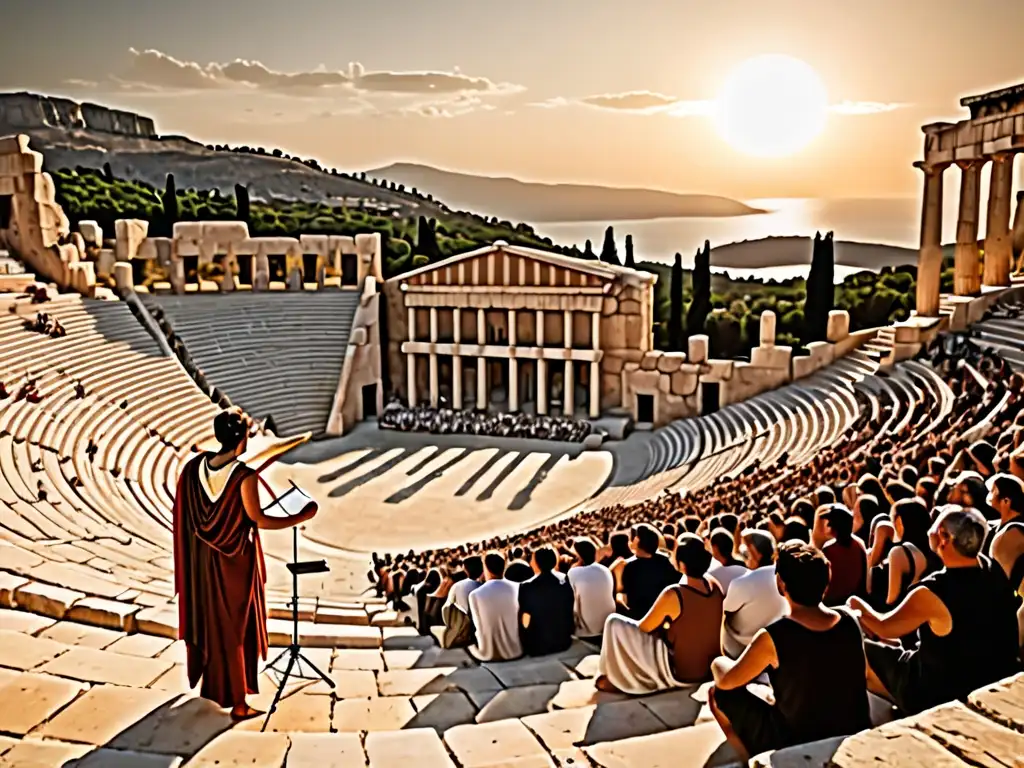 Música mágica de Orfeo llena anfiteatro griego antiguo al atardecer, cautivando a la audiencia con su lira