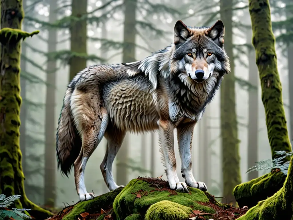 Un lobo majestuoso en un bosque místico, emitiendo una sabiduría ancestral