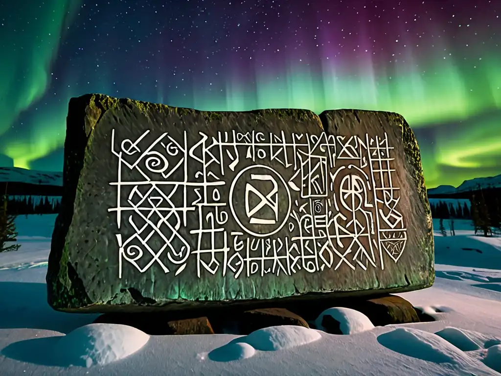 Una losa de piedra adornada con runas nórdicas, iluminada por la aurora boreal, evocando el significado oculto de las runas nórdicas