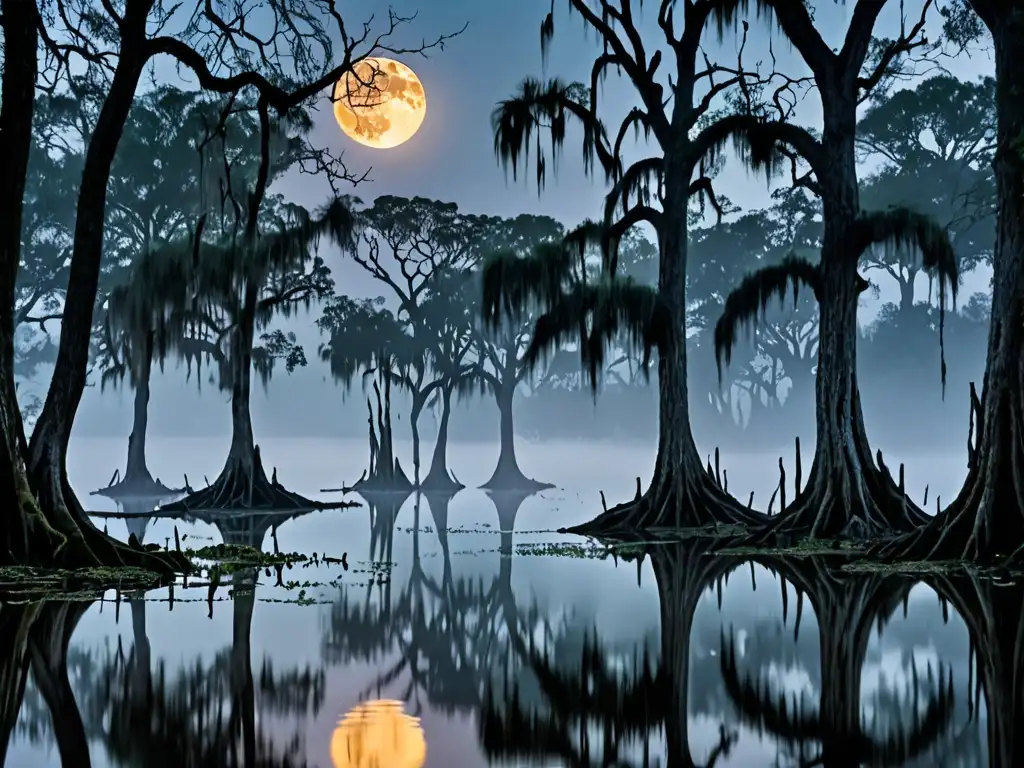 La luna llena se eleva sobre un pantano brumoso, iluminando árboles con musgo español y aguas oscuras