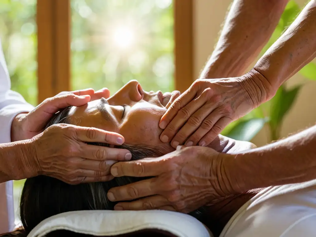 Un maestro de Reiki transmite sanación al posar sus manos sobre la cabeza de un paciente en una sesión tranquila y serena