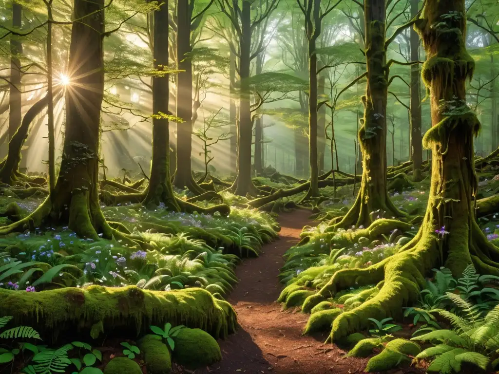 Un mágico bosque antiguo, bañado por la luz dorada del amanecer