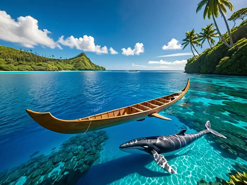 Una majestuosa canoa polinesia surca aguas turquesas, con un impresionante monstruo marino en el fondo, evocando leyendas de Oceanía