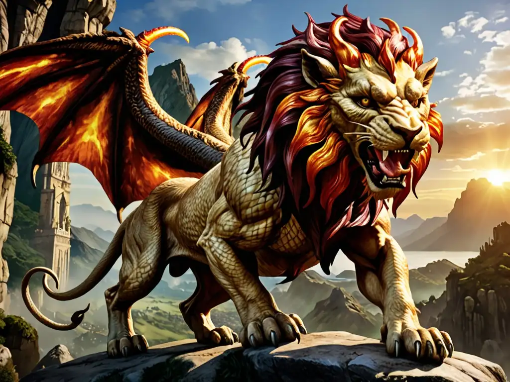 La majestuosa Chimera de 'Dragon's Dogma' en pose dinámica, con detalles intrincados y atmósfera vibrante
