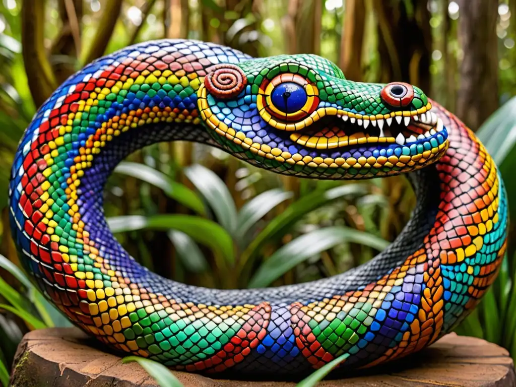 Serpiente Arcoíris: Escultura majestuosa en la selva australiana Una majestuosa escultura de la serpiente arcoíris, detallada y colorida, se destaca en la exuberante selva australiana