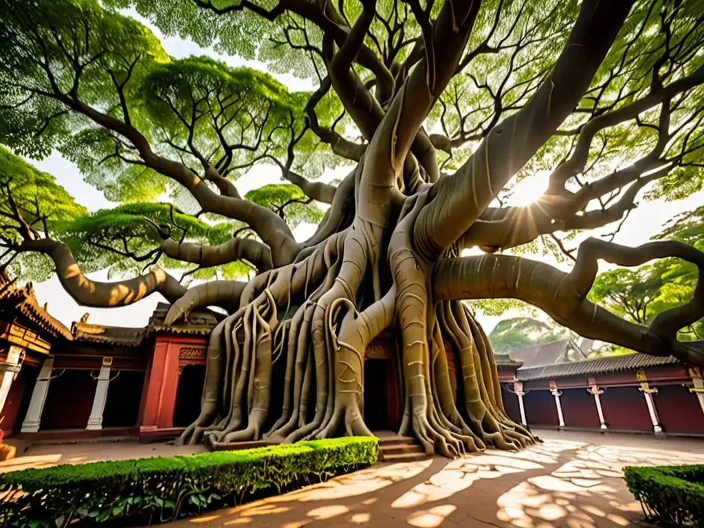 La majestuosa presencia del Árbol Bodhi en leyendas, con su follaje vibrante y atmósfera de tranquilidad eterna