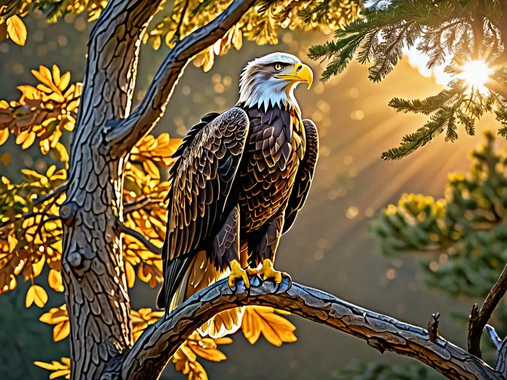 Un águila majestuosa en una rama, con mirada sabia y fuerte
