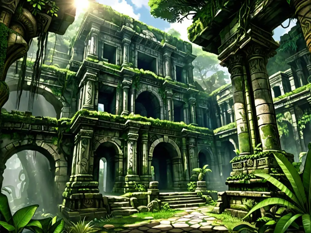 Majestuosas ruinas antiguas en la exuberante selva, evocando misterio y exploración mitos leyendas folklore mundo