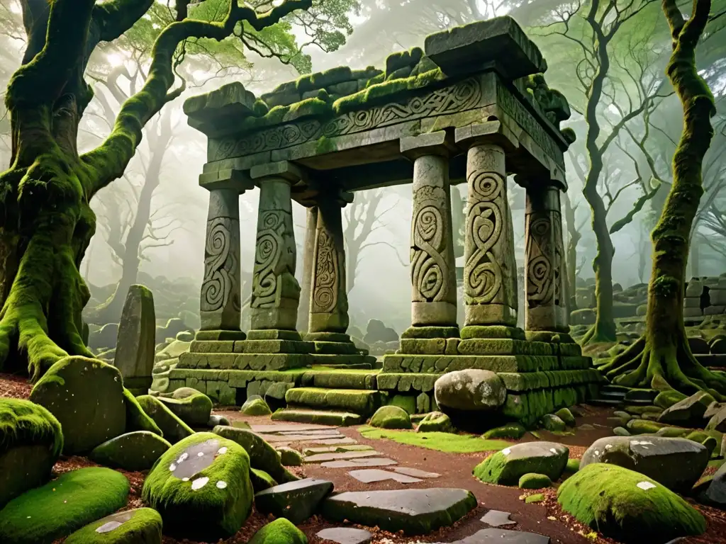 Majestuosas ruinas celtas en el bosque místico, con símbolos y carvings antiguos