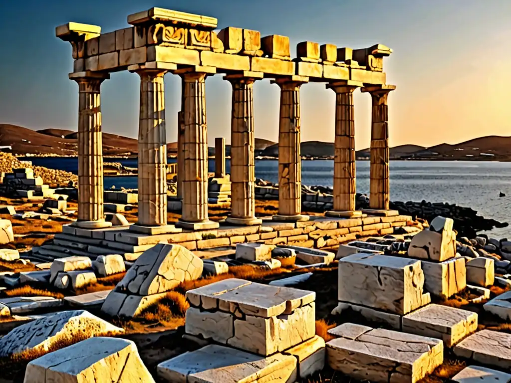 La majestuosidad del atardecer dorado sobre la antigua isla griega de Delos, evoca la inmortalidad en mitos y leyendas