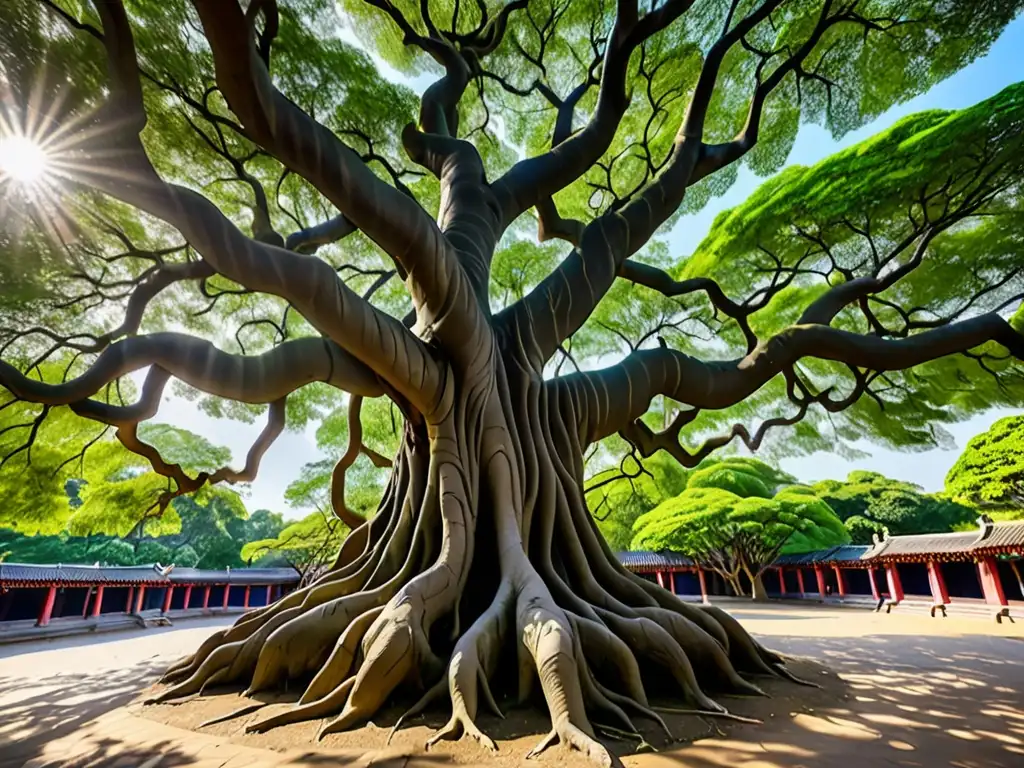 Un majestuoso Árbol Bodhi con ramas extendidas y hojas verdes vibrantes, se yergue contra un cielo azul claro