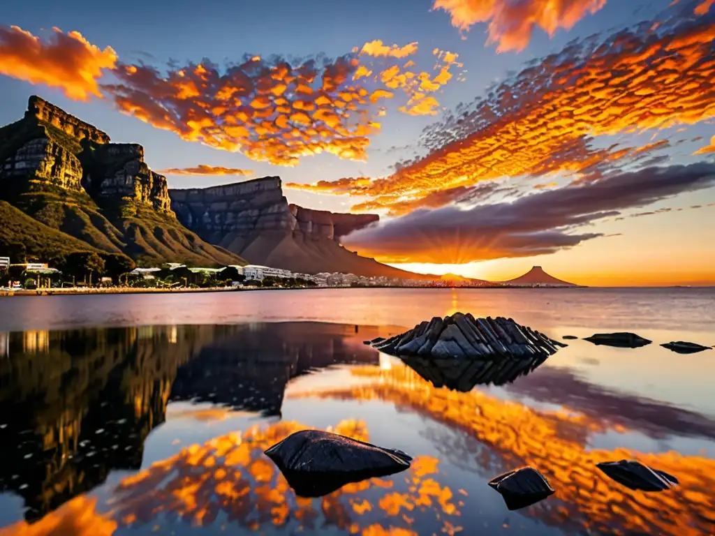 Majestuoso atardecer en la Montaña de la Mesa, reflejando su silueta en el agua