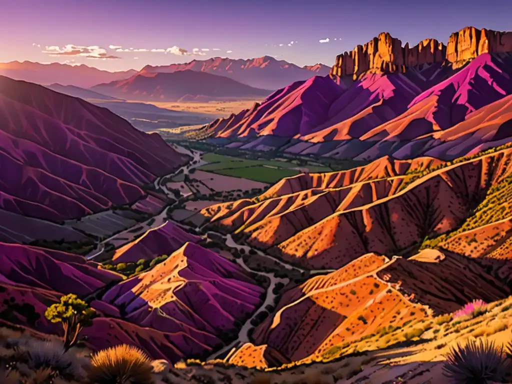 Valle del Cobre al atardecer: paisaje dramático y misterioso Majestuoso atardecer en el Valle del Cobre, con montañas color cobre y la maldición del tesoro presente en la misteriosa escena natural