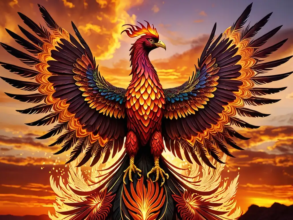 El majestuoso Fénix se eleva contra un atardecer de fuego, simbolismo del Fénix en mitología, irradiando renacimiento