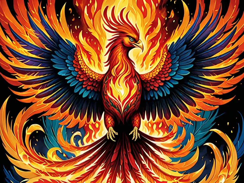 Un majestuoso Fénix emerge de un intenso fuego, simbolizando renovación y resiliencia