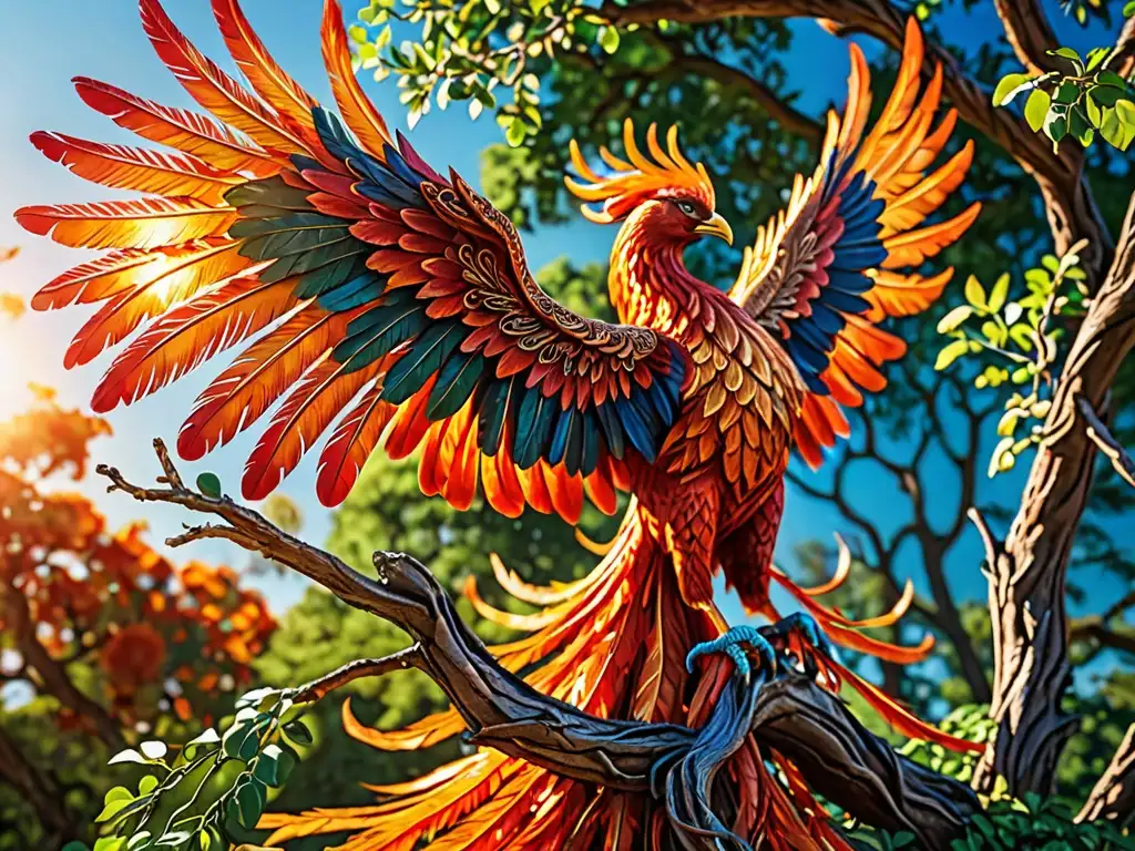 Un majestuoso fénix se eleva entre las llamas, con plumas naranjas y rojas brillantes, rodeado de exuberante vegetación