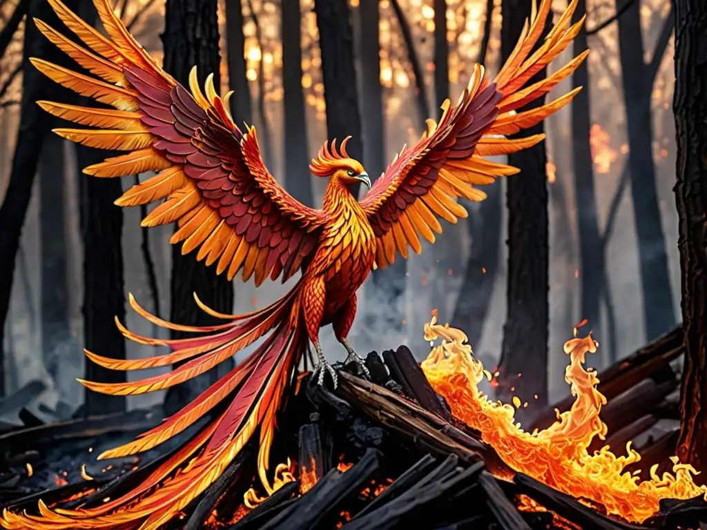 Un majestuoso fénix de plumaje resplandeciente se eleva de las cenizas, irradiando simbolismo del Fénix en mitología