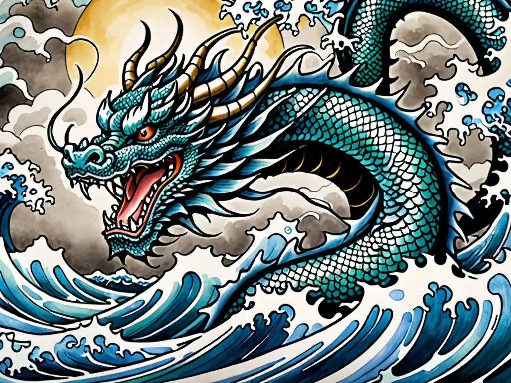 Un majestuoso dragón japonés emerge de las turbulentas aguas, evocando la fuerza y sabiduría de las deidades acuáticas dragones japoneses