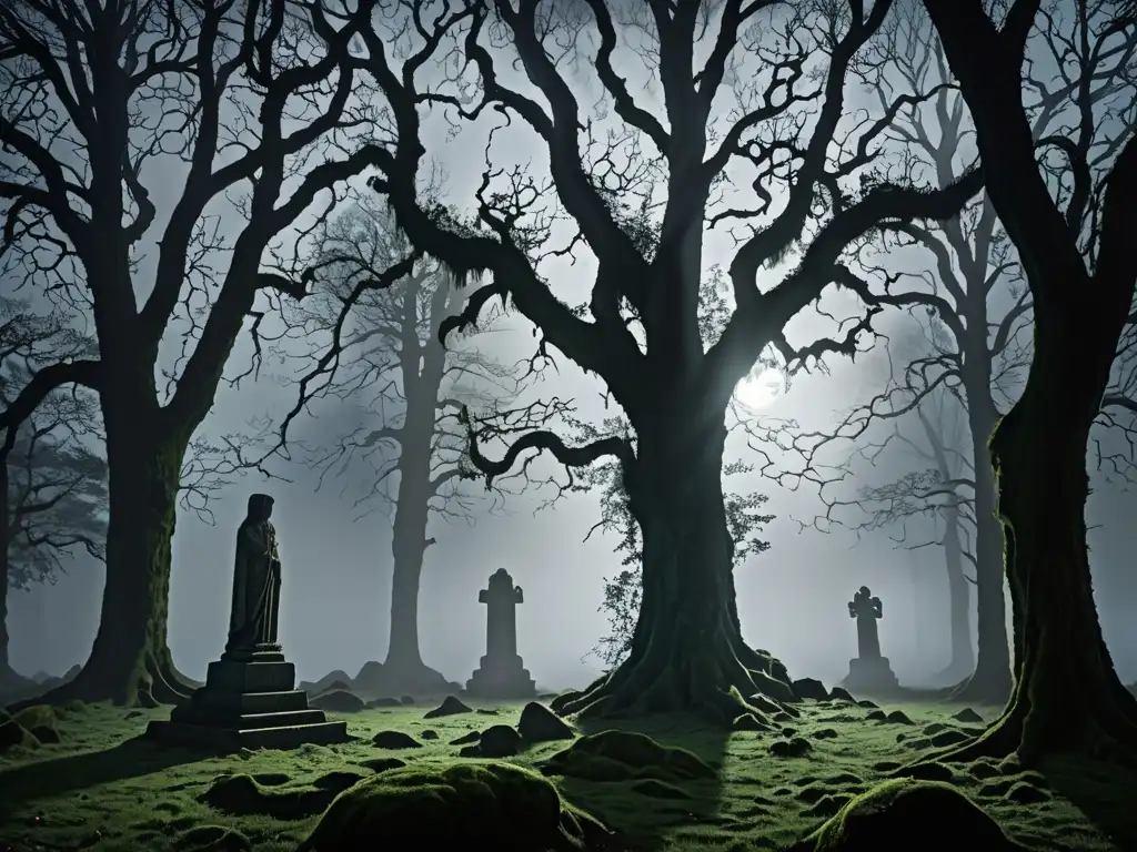 Majestuoso monumento de piedra en un claro del bosque, con una misteriosa figura emergiendo de la oscuridad, evocando apariciones dama blanca Europa