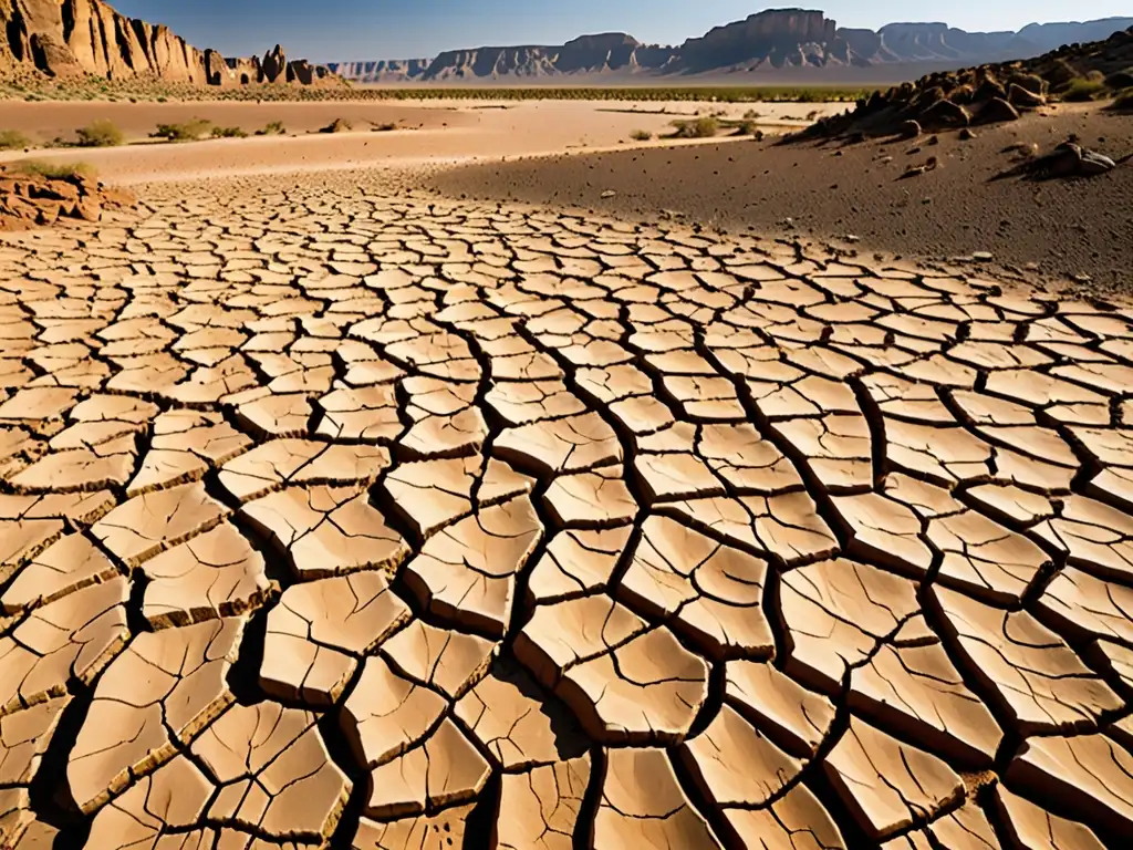 Majestuoso paisaje desértico, con la tierra agrietada y la vegetación seca, evocando mitos de sequía y maldiciones