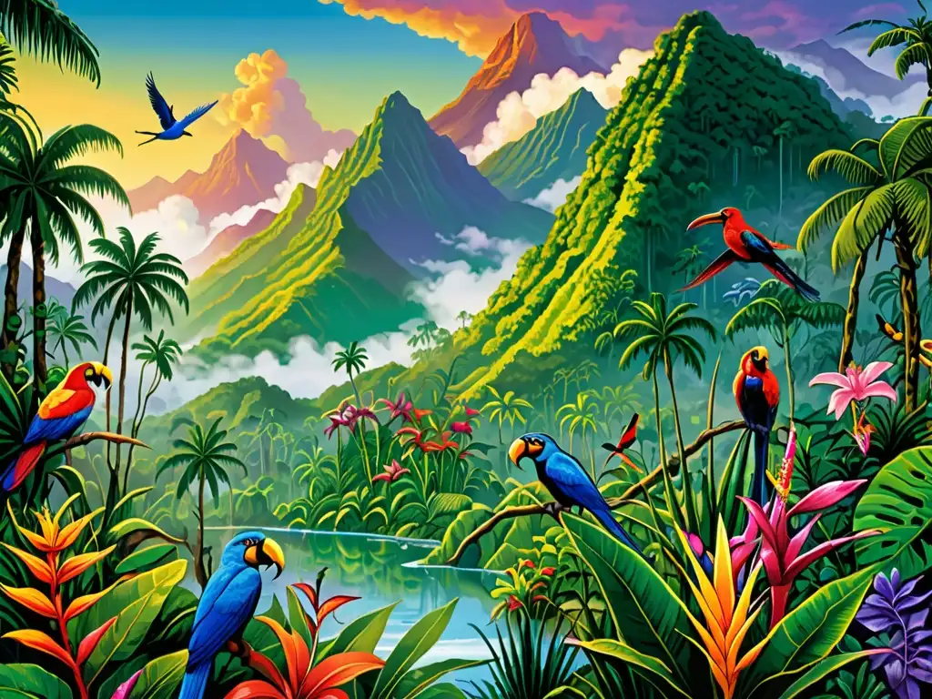 Majestuoso paisaje tropical con montañas cubiertas de neblina y exuberante flora y fauna, evocando la misteriosa belleza del continente perdido de Lemuria