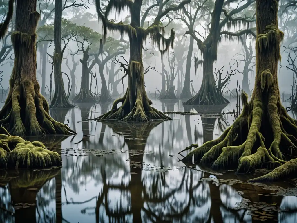 Majestuoso pantano cubierto de niebla con árboles ancestrales emergiendo del agua