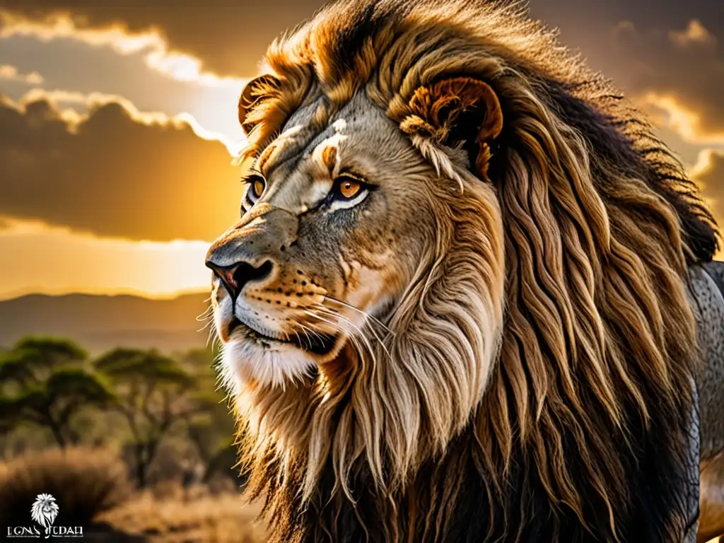 Un majestuoso León de Judá, símbolo de poder y protección, con una melena regia y mirada intensa