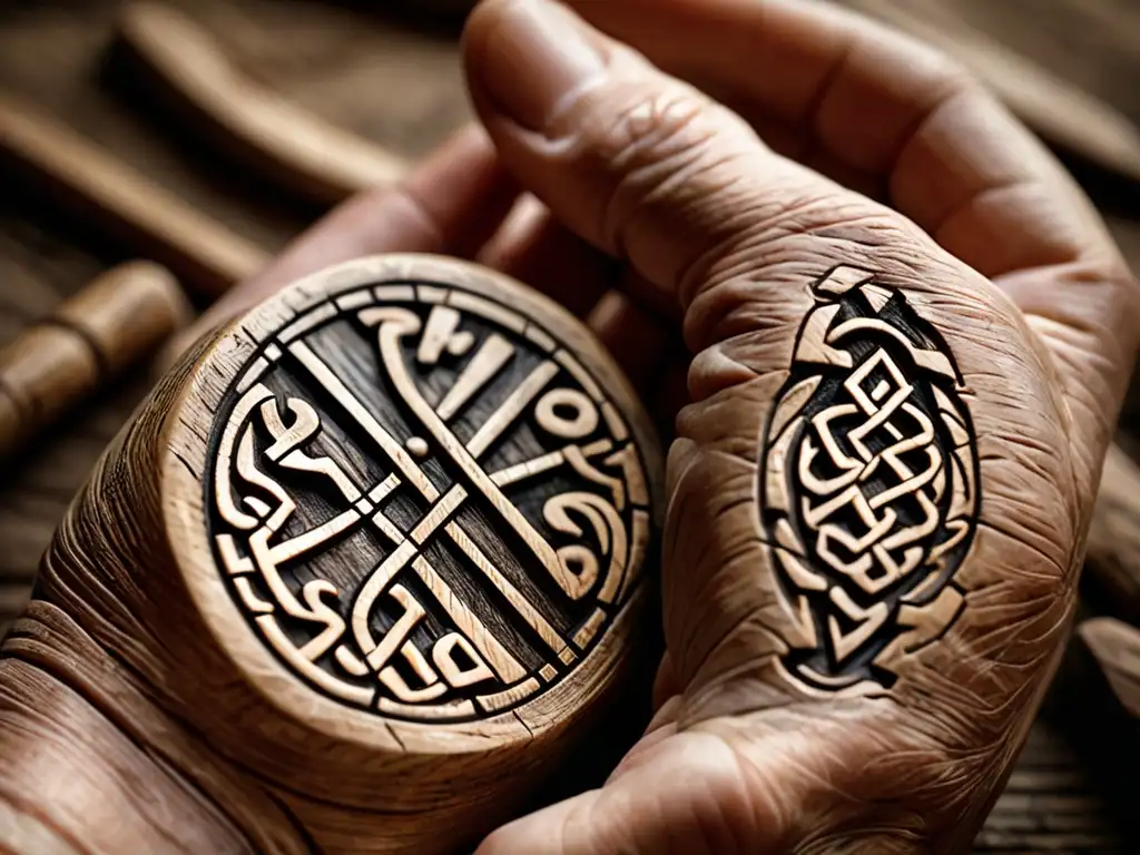 Mano sosteniendo runas nórdicas talladas en madera en luz suave