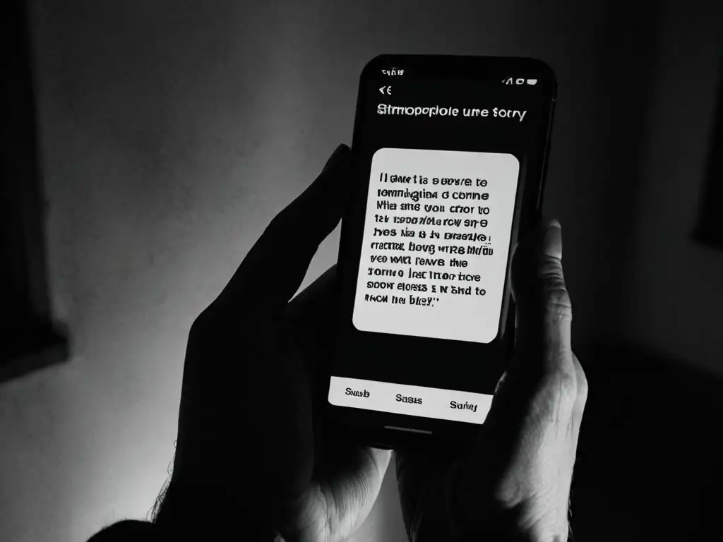 Una mano sostiene un smartphone con la pantalla mostrando una inquietante historia en blanco y negro en solo dos frases