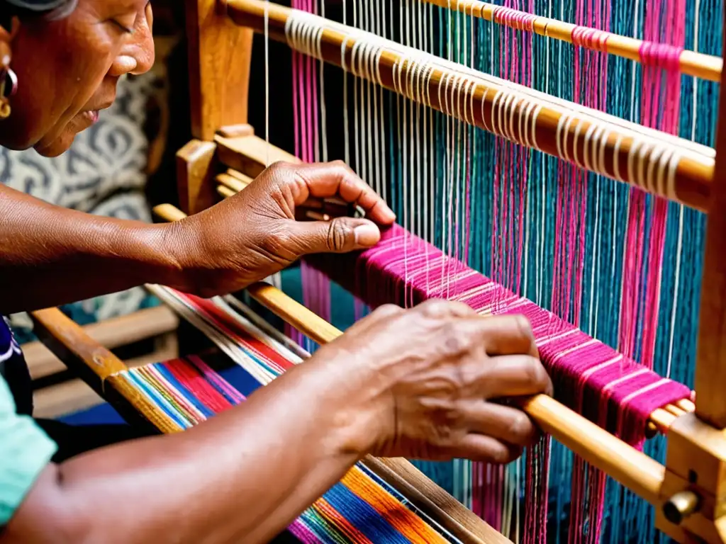 Manos hábiles tejen en un telar tradicional, creando textiles vibrantes con patrones intrincados