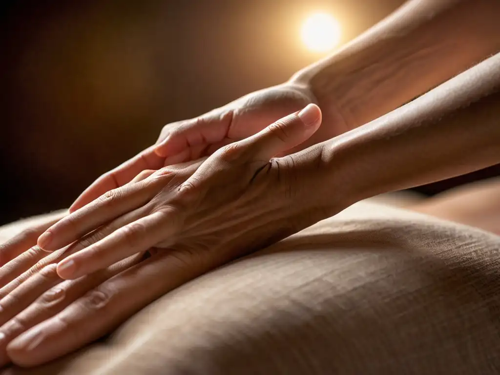 Unas manos realizando una sesión de Reiki, con luz cálida y serenidad en la expresión
