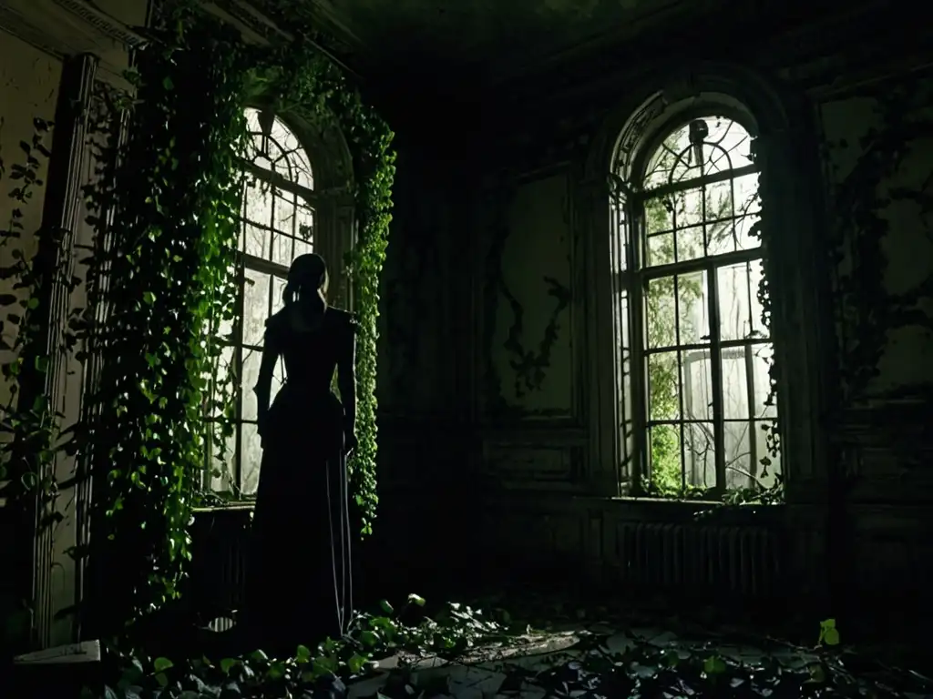 Una mansión abandonada, con enredaderas y una figura misteriosa en la ventana, evocando un ambiente inquietante y misterioso de leyendas de apariciones desafiantes