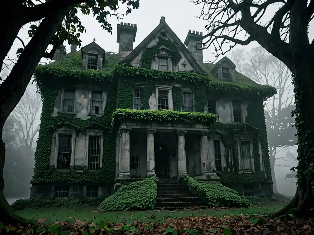 La mansión abandonada, envuelta en niebla, emana misterio con su presencia inquietante, capturando el tema de leyendas de apariciones desafiantes