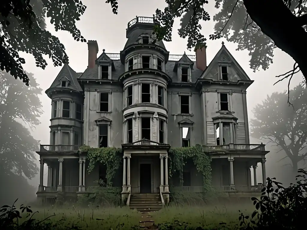 Una mansión abandonada envuelta en niebla, con ventanas rotas y vegetación