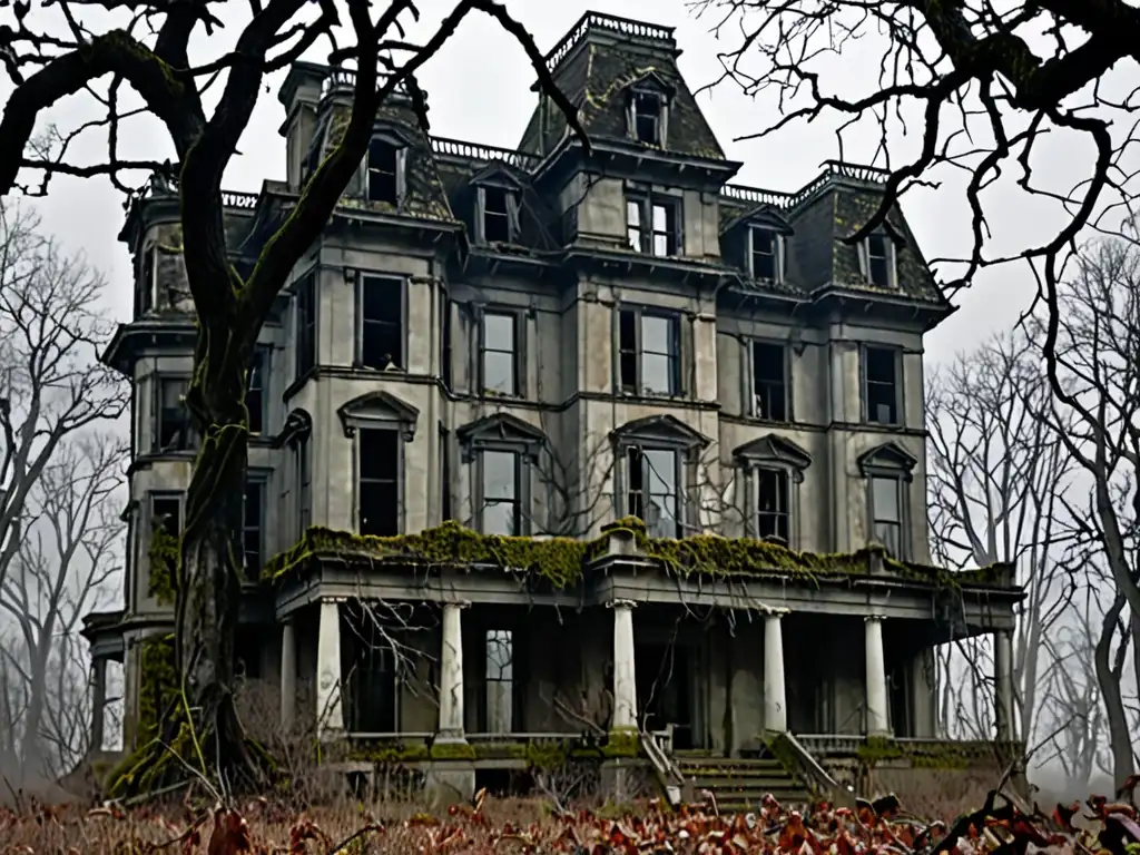 Una mansión abandonada envuelta en niebla, con ventanas oscuras y misteriosas