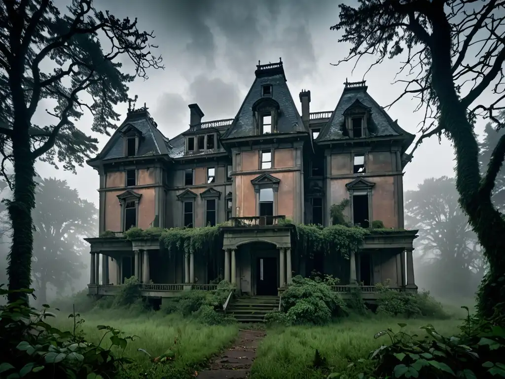 Una mansión antigua y abandonada envuelta en niebla, rodeada de un bosque denso y con ventanas rotas, evocando leyendas de apariciones desafiantes