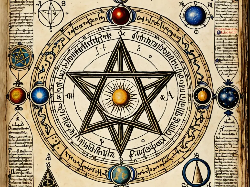 Manuscrito alquímico antiguo con símbolos e ilustraciones detalladas, buscando la Piedra Filosofal