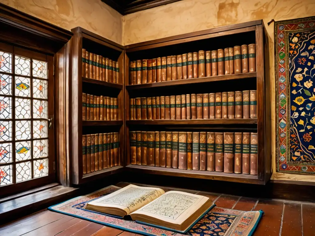 Un manuscrito antiguo de las escrituras médicas de Avicena descansa sobre una lujosa alfombra persa