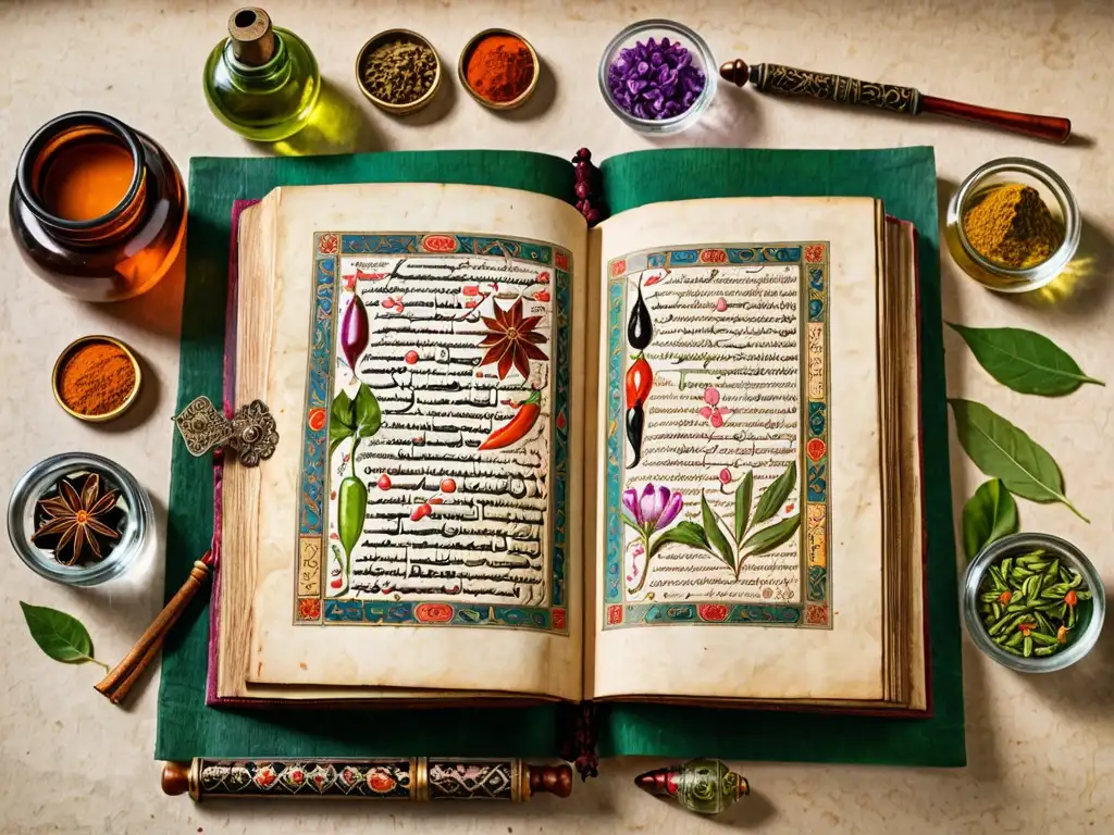 Manuscrito médico persa adornado con ilustraciones vibrantes y herramientas antiguas, evocando la influencia global de la Medicina Persa Avicena