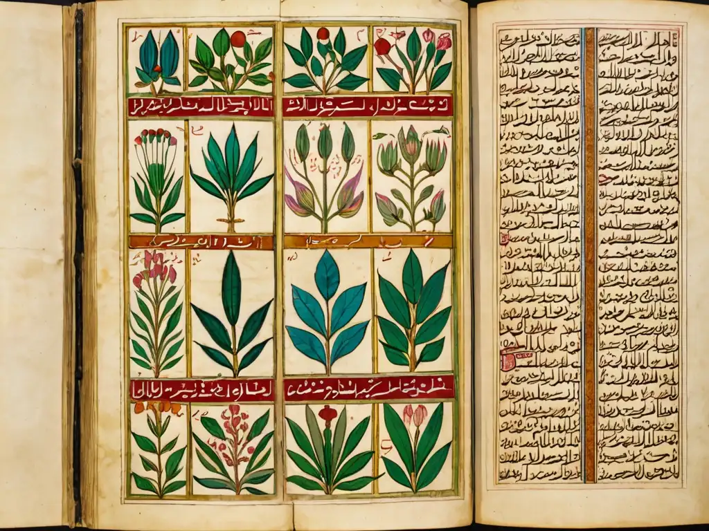 Manuscrito médico persa ilustrado con detalles de hierbas medicinales e instrumentos quirúrgicos
