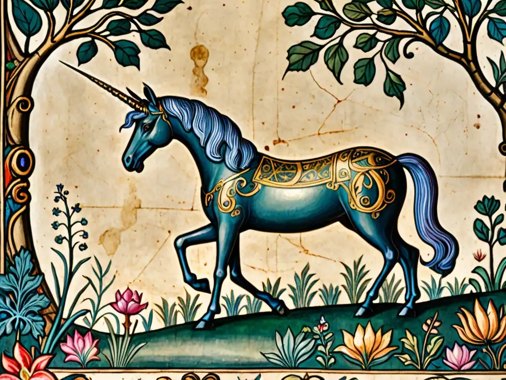 Un manuscrito medieval detalla los usos medicinales del cuerno de unicornio en un bosque encantado, con detalles vívidos y autenticidad envejecida