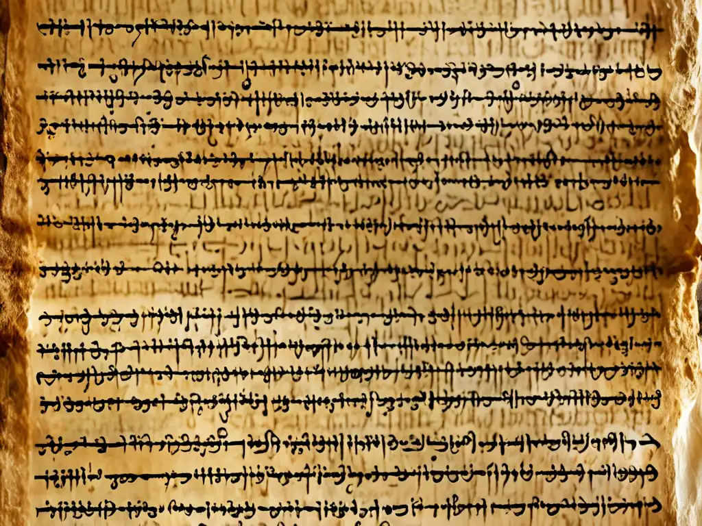 Manuscritos Qumrán: delicada pergamino con texto hebreo antiguo iluminado por suave luz natural, evocando historia y autenticidad