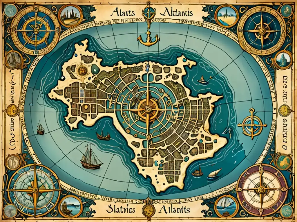 Mapa antiguo de la misteriosa Atlántida del Báltico, con ruinas submarinas, símbolos enigmáticos y corrientes oceánicas