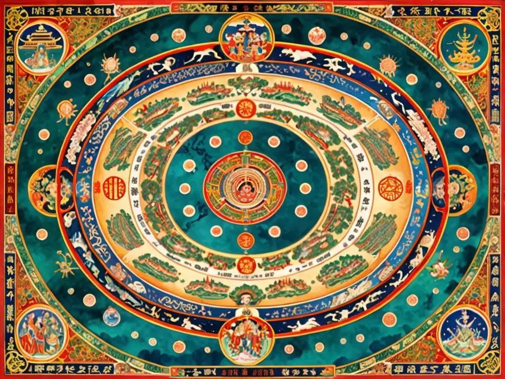 Un mapa celestial chino detallado y colorido, lleno de mitología y cosmología china, con figuras míticas y colores vibrantes