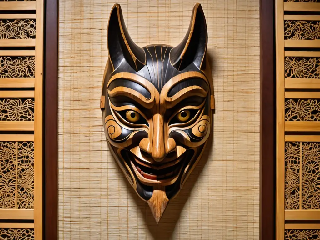 Máscara antigua del Nogitsune, tallada en madera, con ojos profundos y rasgos afilados, suspendida frente a pantallas de papel japonés