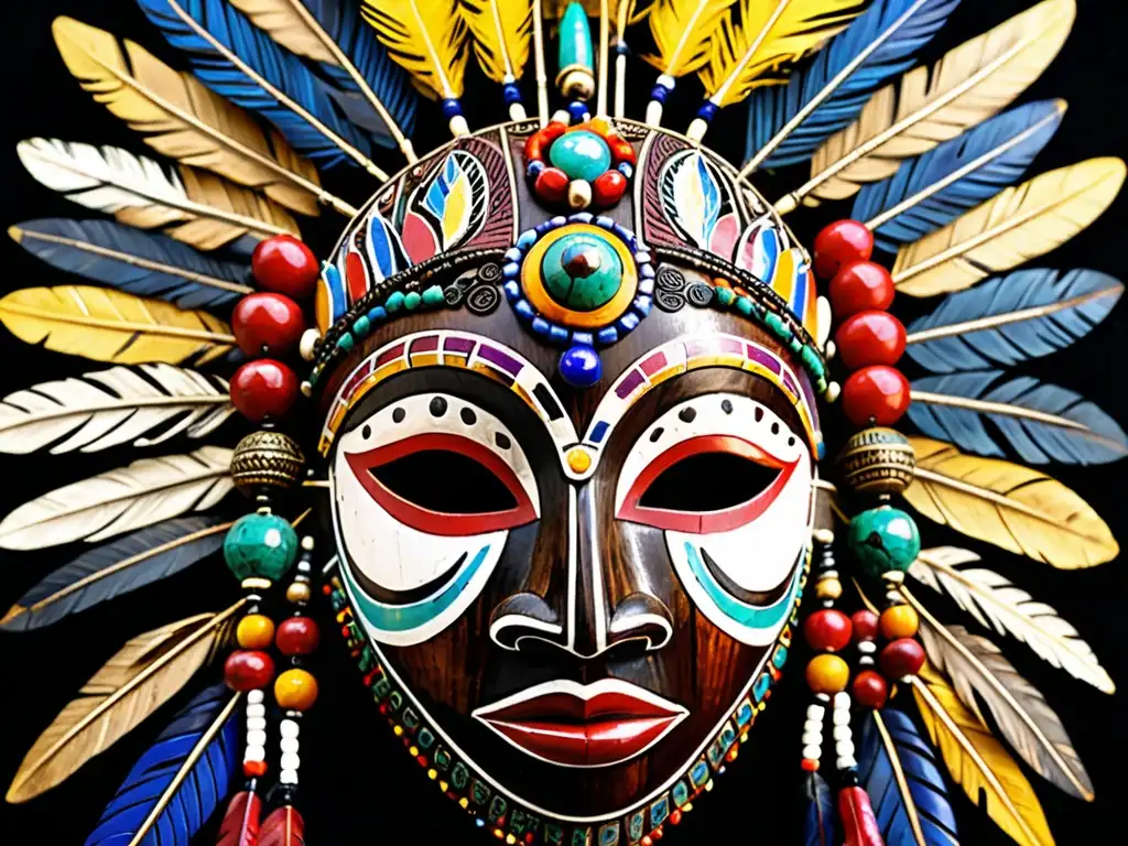 Una máscara ceremonial africana con detalles vibrantes y místicos, iluminada por la luz entre la vegetación